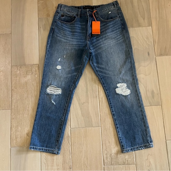 Risen Jeans Denim - Risen High Waist Distressed Mom Jeans L